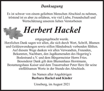 Traueranzeige von Herbert Hackel  von Magdeburger Volksstimme