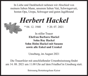 Traueranzeige von Herbert Hackel  von Magdeburger Volksstimme