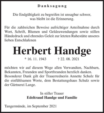 Traueranzeige von Herbert Handge  von Magdeburger Volksstimme