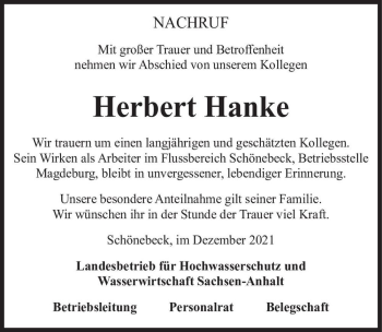 Traueranzeige von Herbert Hanke  von Magdeburger Volksstimme