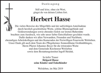 Traueranzeige von Herbert Hasse  von Magdeburger Volksstimme