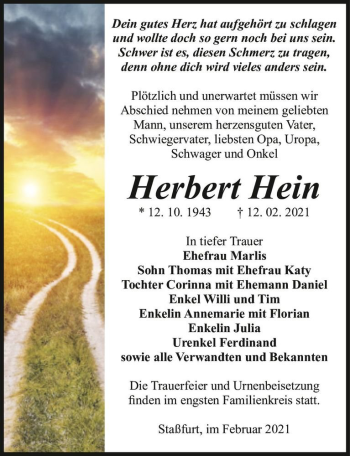 Traueranzeige von Herbert Hein  von Magdeburger Volksstimme