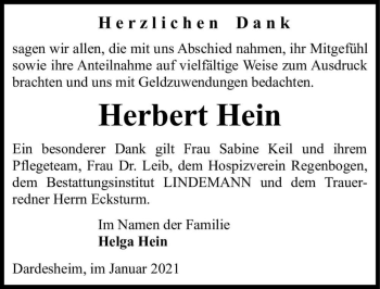 Traueranzeige von Herbert Hein  von Magdeburger Volksstimme
