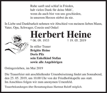 Traueranzeige von Herbert Heine  von Magdeburger Volksstimme