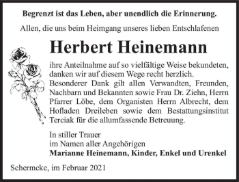 Traueranzeige von Herbert Heinemann  von Magdeburger Volksstimme