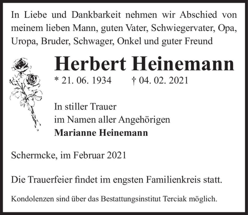  Traueranzeige für Herbert Heinemann  vom 13.02.2021 aus Magdeburger Volksstimme