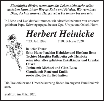 Traueranzeige von Herbert Heinicke  von Magdeburger Volksstimme