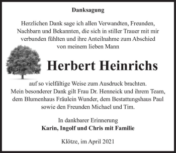 Traueranzeige von Herbert Heinrichs  von Magdeburger Volksstimme