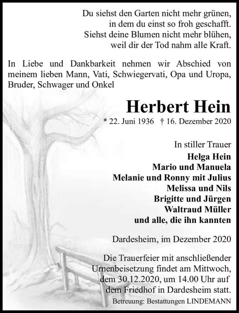  Traueranzeige für Herbert Heinz  vom 24.12.2020 aus Magdeburger Volksstimme