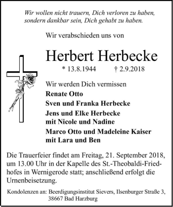 Traueranzeige von Herbert Herbecke  von Magdeburger Volksstimme
