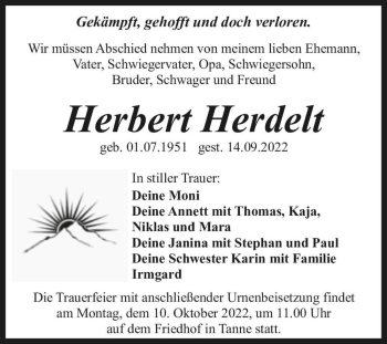 Traueranzeige von Herbert Herdelt  von Magdeburger Volksstimme