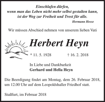 Traueranzeige von Herbert Heyn  von Magdeburger Volksstimme