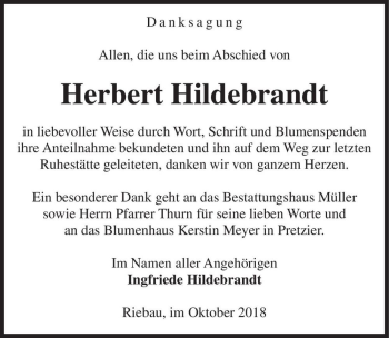 Traueranzeige von Herbert Hildebrandt  von Magdeburger Volksstimme