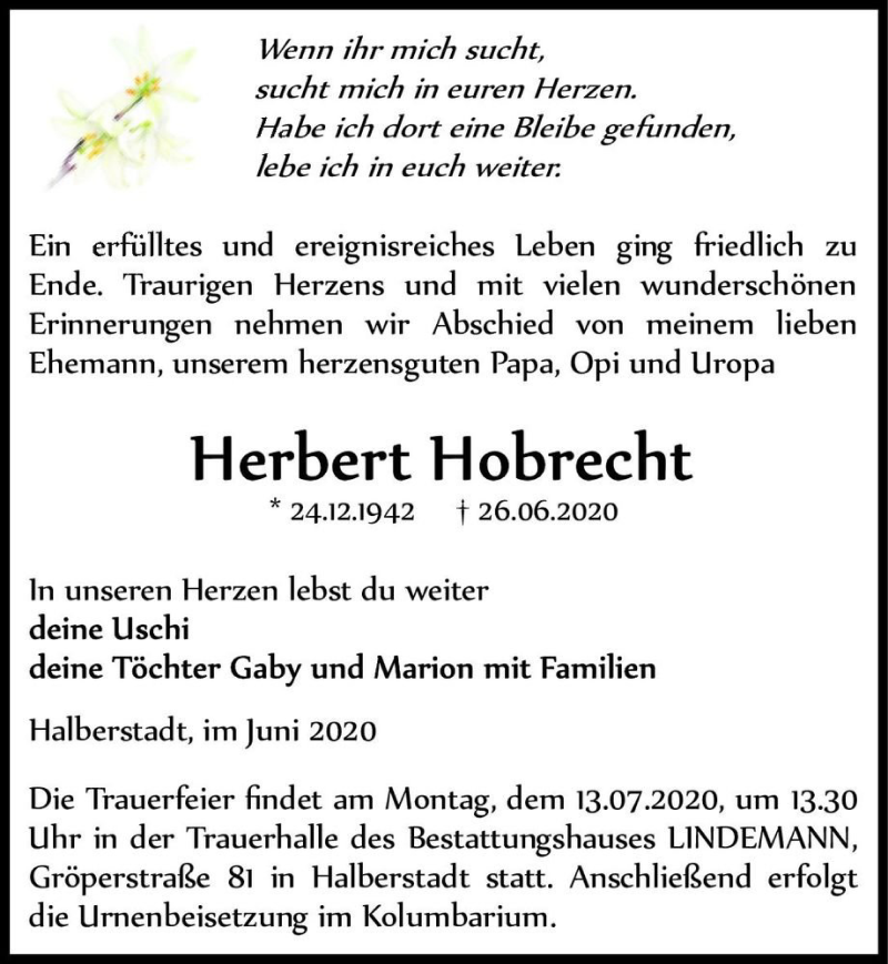 Traueranzeige für Herbert Hobrecht  vom 04.07.2020 aus Magdeburger Volksstimme