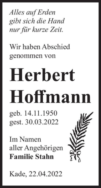 Traueranzeige von Herbert Hoffmann  von Magdeburger Volksstimme