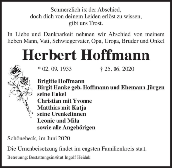 Traueranzeige von Herbert Hoffmann  von Magdeburger Volksstimme