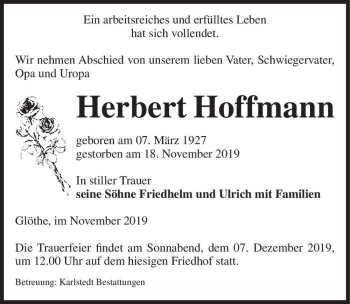 Traueranzeige von Herbert Hoffmann  von Magdeburger Volksstimme