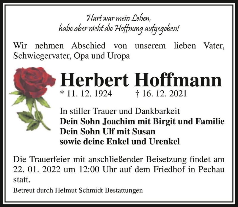  Traueranzeige für Herbert Hoffmann  vom 08.01.2022 aus Magdeburger Volksstimme