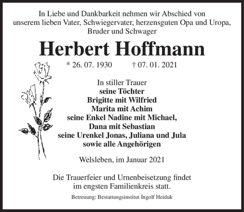  Traueranzeige für Herbert Hoffmann  vom 16.01.2021 aus Magdeburger Volksstimme