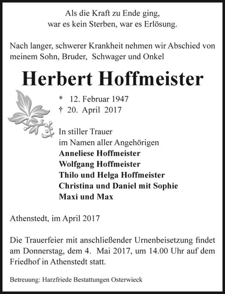  Traueranzeige für Herbert Hoffmeister  vom 28.04.2017 aus Magdeburger Volksstimme