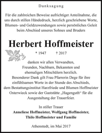 Traueranzeige von Herbert Hoffmeister  von Magdeburger Volksstimme