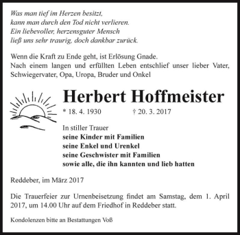 Traueranzeige von Herbert Hoffmeister  von Magdeburger Volksstimme