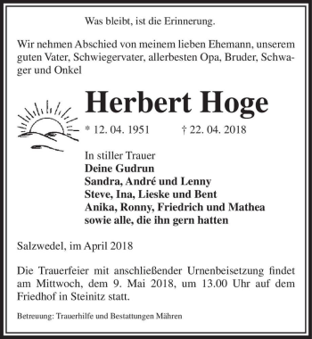 Traueranzeige von Herbert Hoge  von Magdeburger Volksstimme