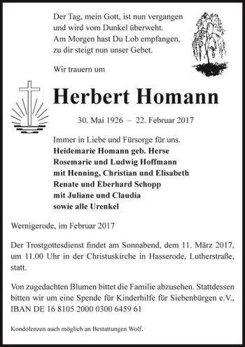Traueranzeige von Herbert Homann  von Magdeburger Volksstimme