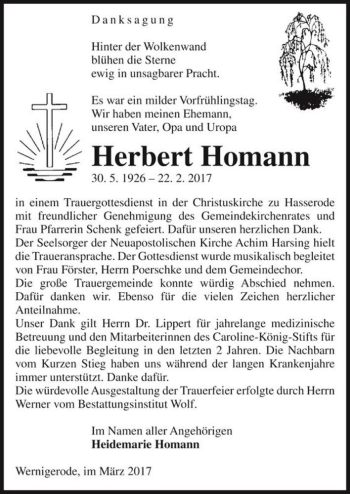 Traueranzeige von Herbert Homann  von Magdeburger Volksstimme