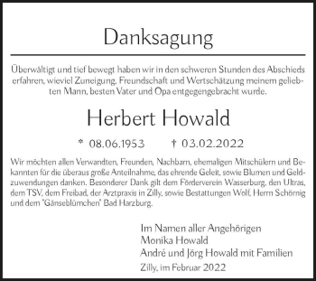 Traueranzeige von Herbert Howald  von Magdeburger Volksstimme