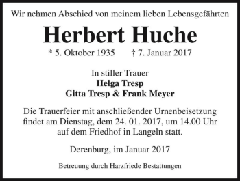 Traueranzeige von Herbert Huche  von Magdeburger Volksstimme