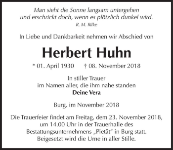 Traueranzeige von Herbert Huhn  von Magdeburger Volksstimme
