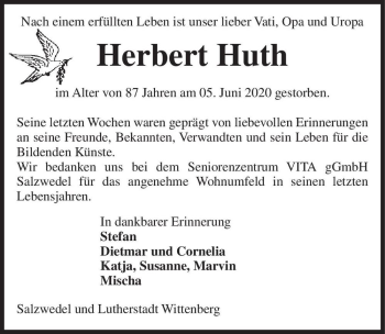 Traueranzeige von Herbert Huth  von Magdeburger Volksstimme