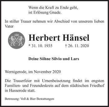 Traueranzeige von Herbert Hänsel  von Magdeburger Volksstimme