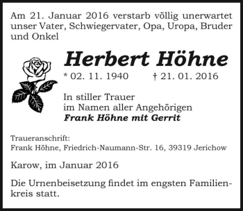 Traueranzeige von Herbert Höhne  von Magdeburger Volksstimme