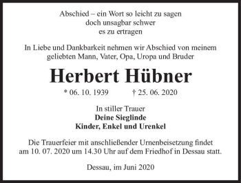 Traueranzeige von Herbert Hübner  von Magdeburger Volksstimme
