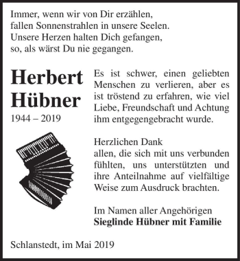 Traueranzeige von Herbert Hübner  von Magdeburger Volksstimme
