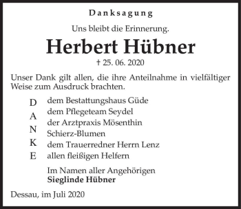 Traueranzeige von Herbert Hübner  von Magdeburger Volksstimme