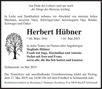 Traueranzeige von Herbert Hübner  von Magdeburger Volksstimme