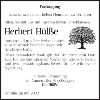 Traueranzeige von Herbert Hülße  von Magdeburger Volksstimme