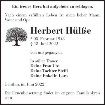 Traueranzeige von Herbert Hülße  von Magdeburger Volksstimme