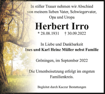 Traueranzeige von Herbert Irro  von Magdeburger Volksstimme