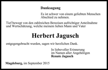 Traueranzeige von Herbert Jagusch  von Magdeburger Volksstimme