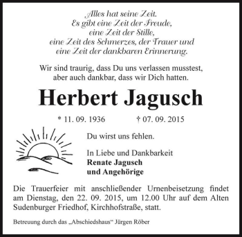 Traueranzeige von Herbert Jagusch  von Magdeburger Volksstimme
