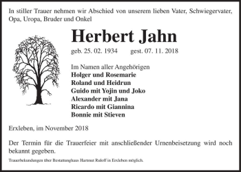 Traueranzeige von Herbert Jahn  von Magdeburger Volksstimme