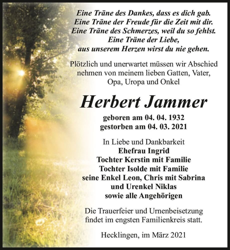  Traueranzeige für Herbert Jammer  vom 13.03.2021 aus Magdeburger Volksstimme