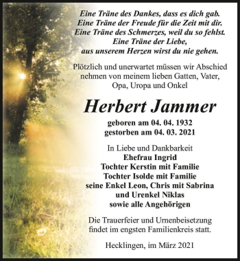 Traueranzeige von Herbert Jammer  von Magdeburger Volksstimme