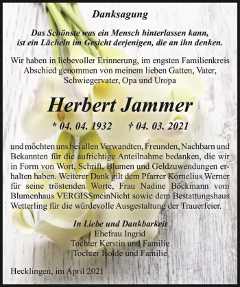 Traueranzeige von Herbert Jammer  von Magdeburger Volksstimme