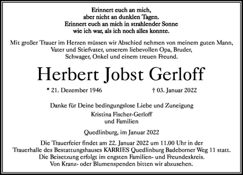  Traueranzeige für Herbert Jobst Gerloff  vom 08.01.2022 aus Magdeburger Volksstimme