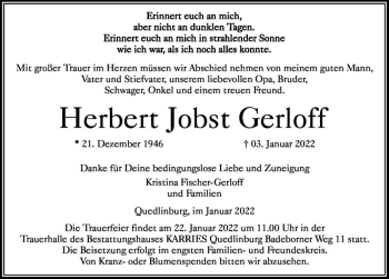 Traueranzeige von Herbert Jobst Gerloff  von Magdeburger Volksstimme